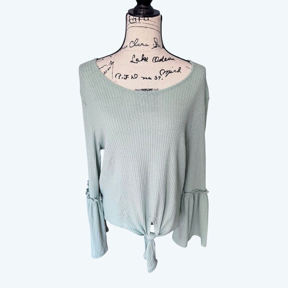 Alya Francesca’s Mint Green Waffle Knit Bell Sleeve Tie Front Top XS